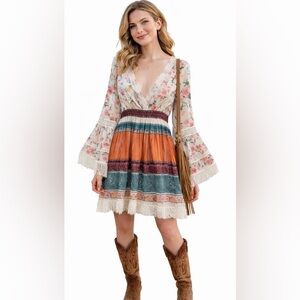 Boho Women Dress Size XL Bell Sleeves Deep Neckline Fringe Festival Fairycore